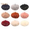 Women Beret Faux Pearl Rhinestone Decor Vintage English Style Woolen Hat No Brim Solid Color Adjustable Straps Pumpkin Cap