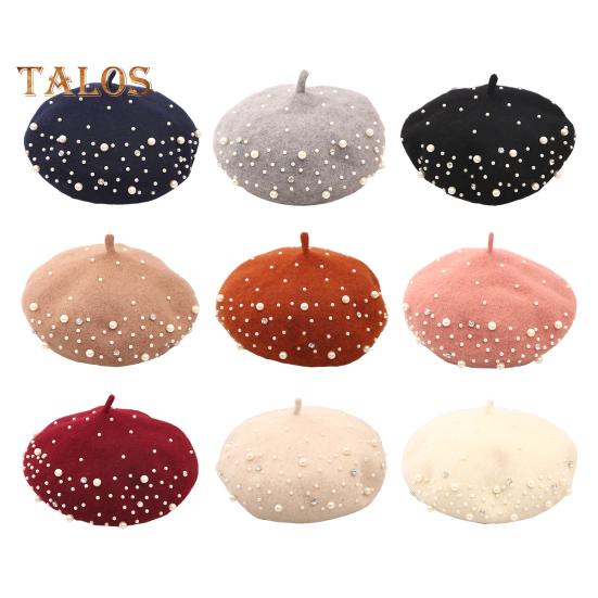 Women Beret Faux Pearl Rhinestone Decor Vintage English Style Woolen Hat No Brim Solid Color Adjustable Straps Pumpkin Cap