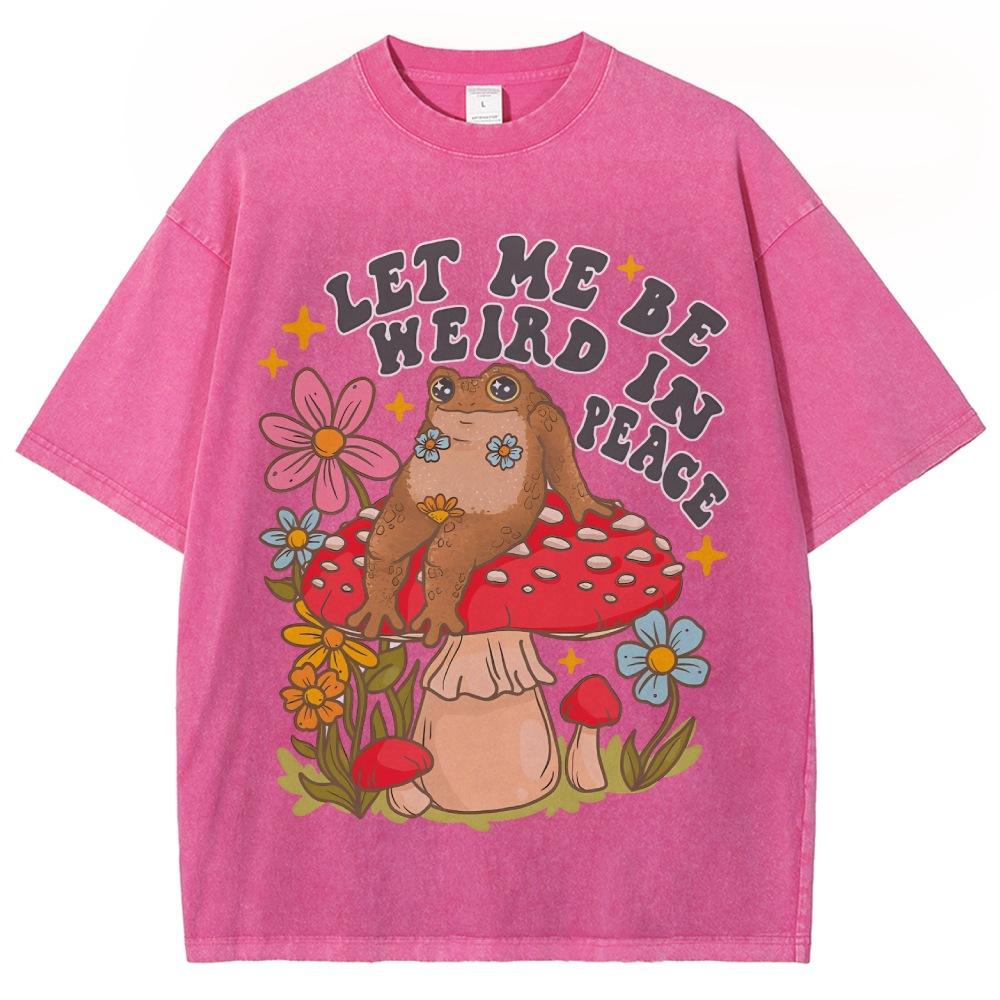 Lazy Cute Frog Mushroom Flower Print T-Shirt Retro Washed De