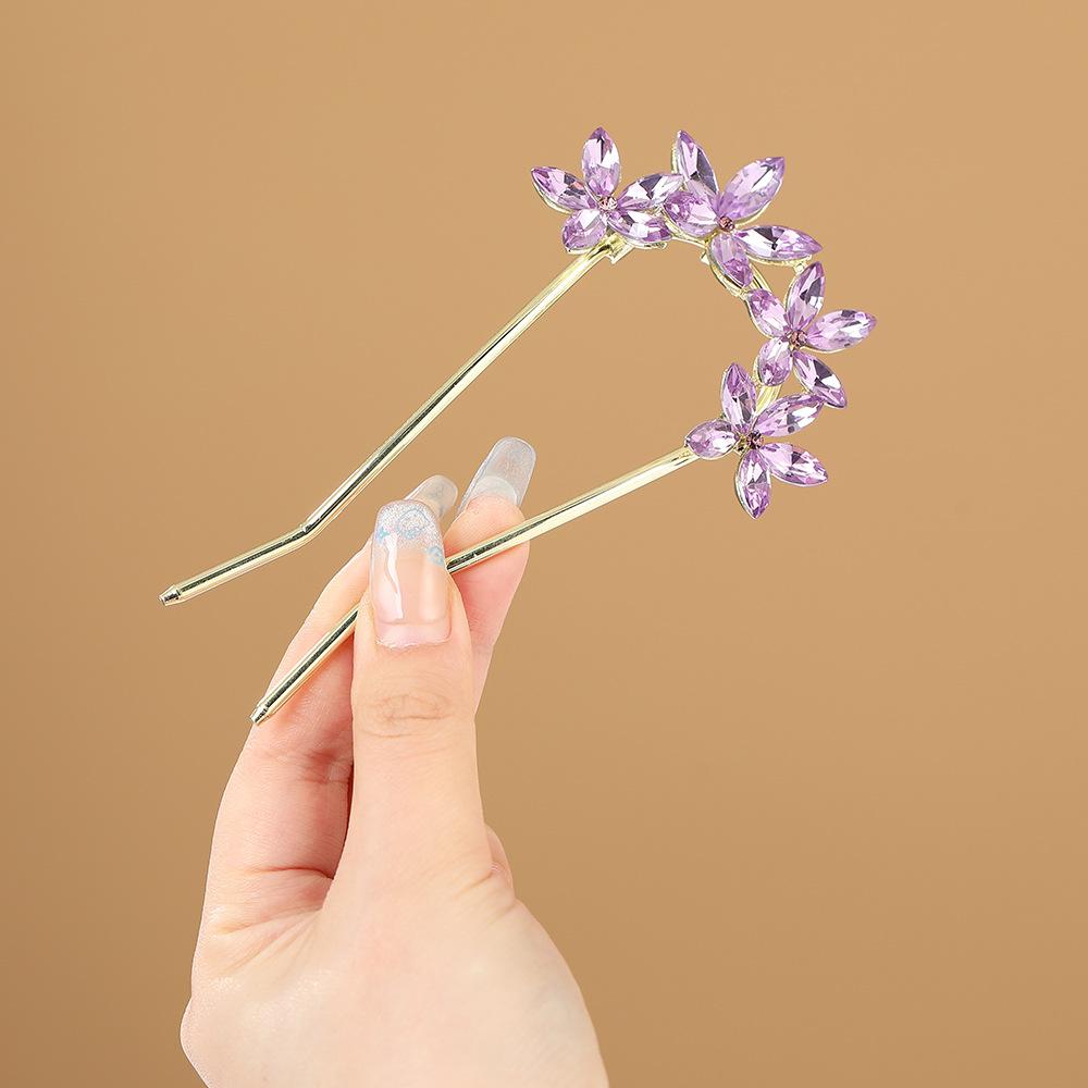 Crystal U-Shaped Hairpin for Chinese-Style Bun and Ponytail 12cm x 6.5cm фиолетовый