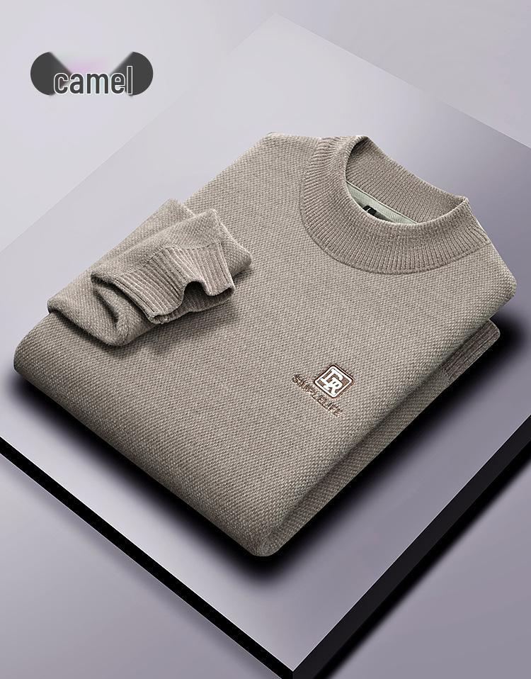 2025 Winter Men's Embroidered Fleece Sweater - Round Neck, Plus Velvet Chenille Knit, Thickened Base Layer Top