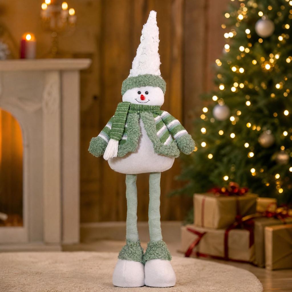 Standing Stretchy Christmas Doll with Striped Santa and Snowman, Green Long-Legged Plush Figure for Hotel Window Display