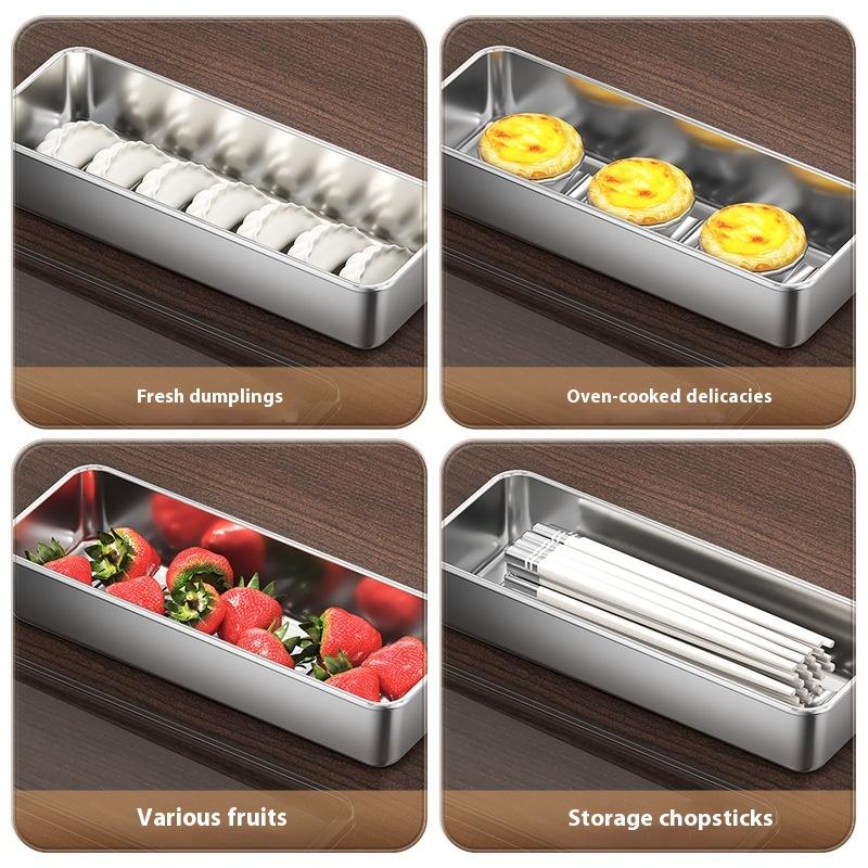 Stainless Steel Food Storage Container Rectangle Dish With Cover Noodles Fruit Tray Lunch Box Thick Refrigerator Organizer Plate