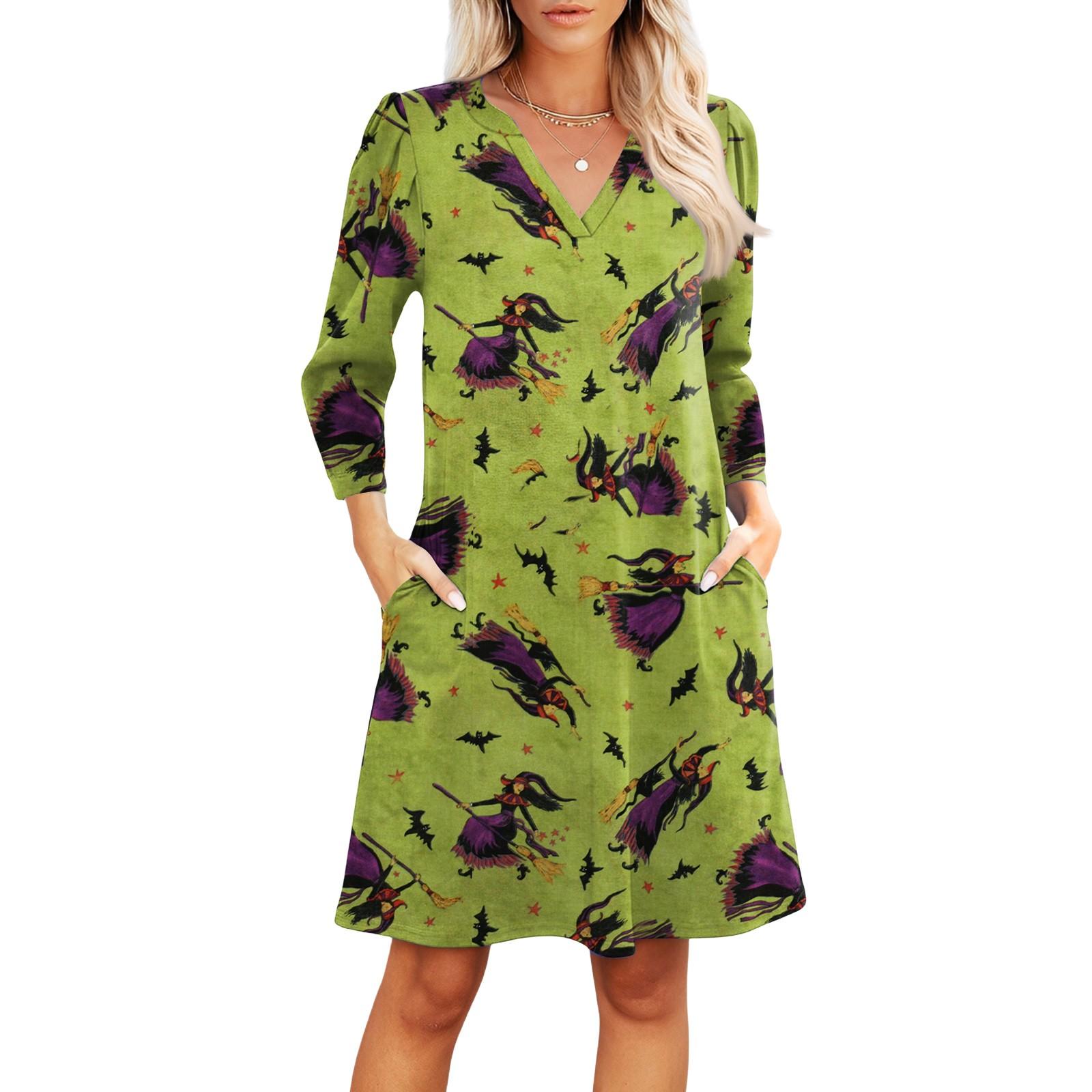 

Women s Fashion V-neck Casual Beach Dress Three-quarter Sleeves Halloween Print Dress L зелений