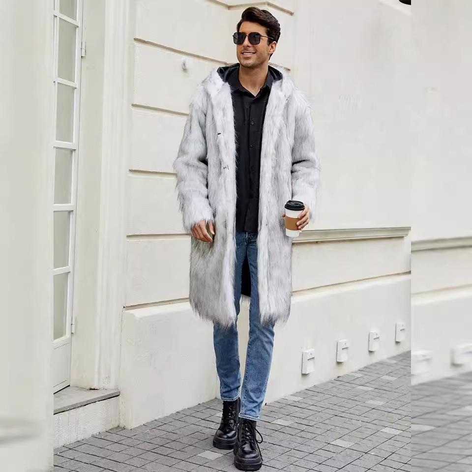 Herrenmantel aus Kunstpelz mit Kapuze Winter Lang Kunstmink Jackenmantel Flauschig Dick Trenchcoat Kunstpelzjacke für Herren Langarm Oberbekleidung Warmer Parka Übermantel