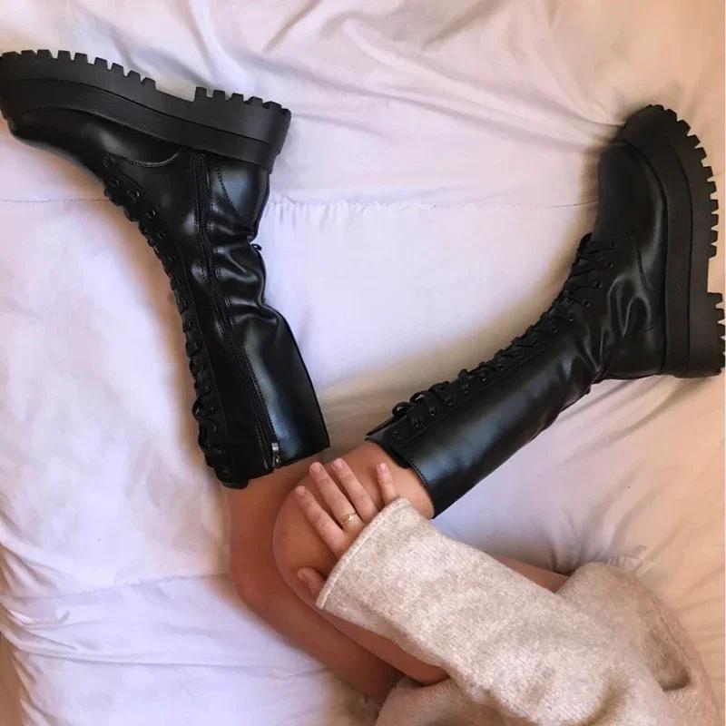 Fashion 2025 Fashion Chunky Platform Motorcycle Boots Women Autumn Winter Pu Leather Knee High Boots Woman Punk Thick Bottom Long Botas