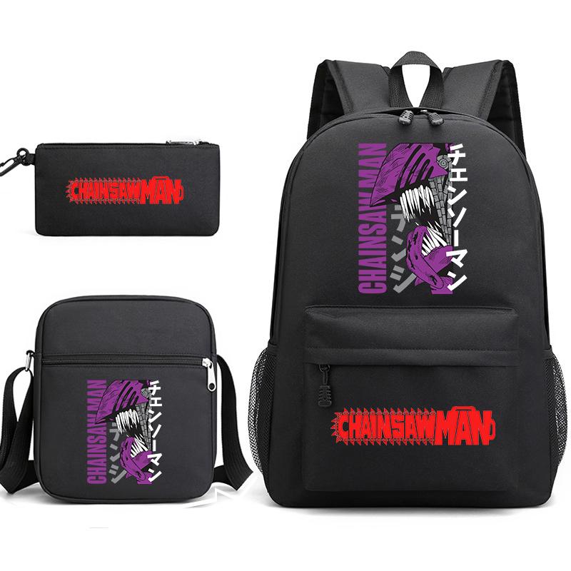 Chainsaw Man Print Student Backpack Set with Crossbody Bag and Pencil Pouch for Boys Girls Daily Use