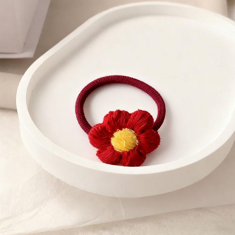 Non-damaging Little Red Flower Elastic Hair Tie for Girls - Ponytail Rubber Band & Headwear