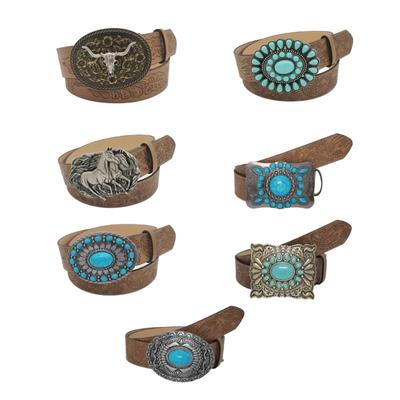 Ethnic Adult PU Leather Waist Belt Carved Buckle PU Belt for Girl Women Decorative Waist Belt for Coat Skirts Jeans