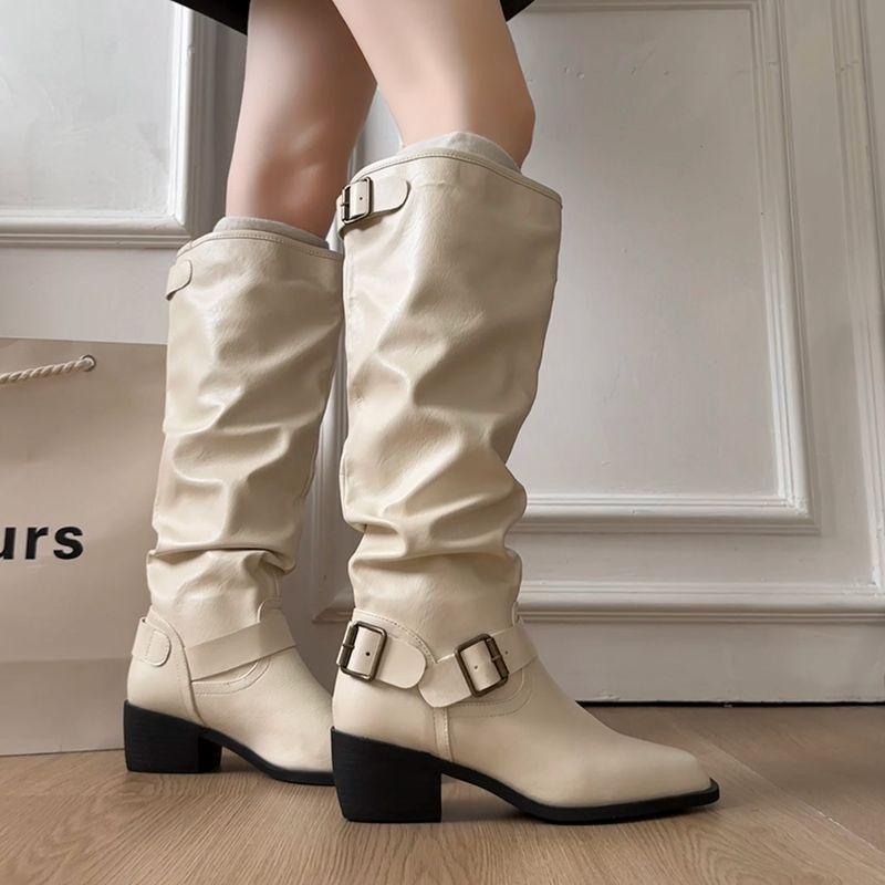 Vintage pleated simple fashion boots women's 2025 autumn and winter new versatile daily Maillard high boots knight boots tide