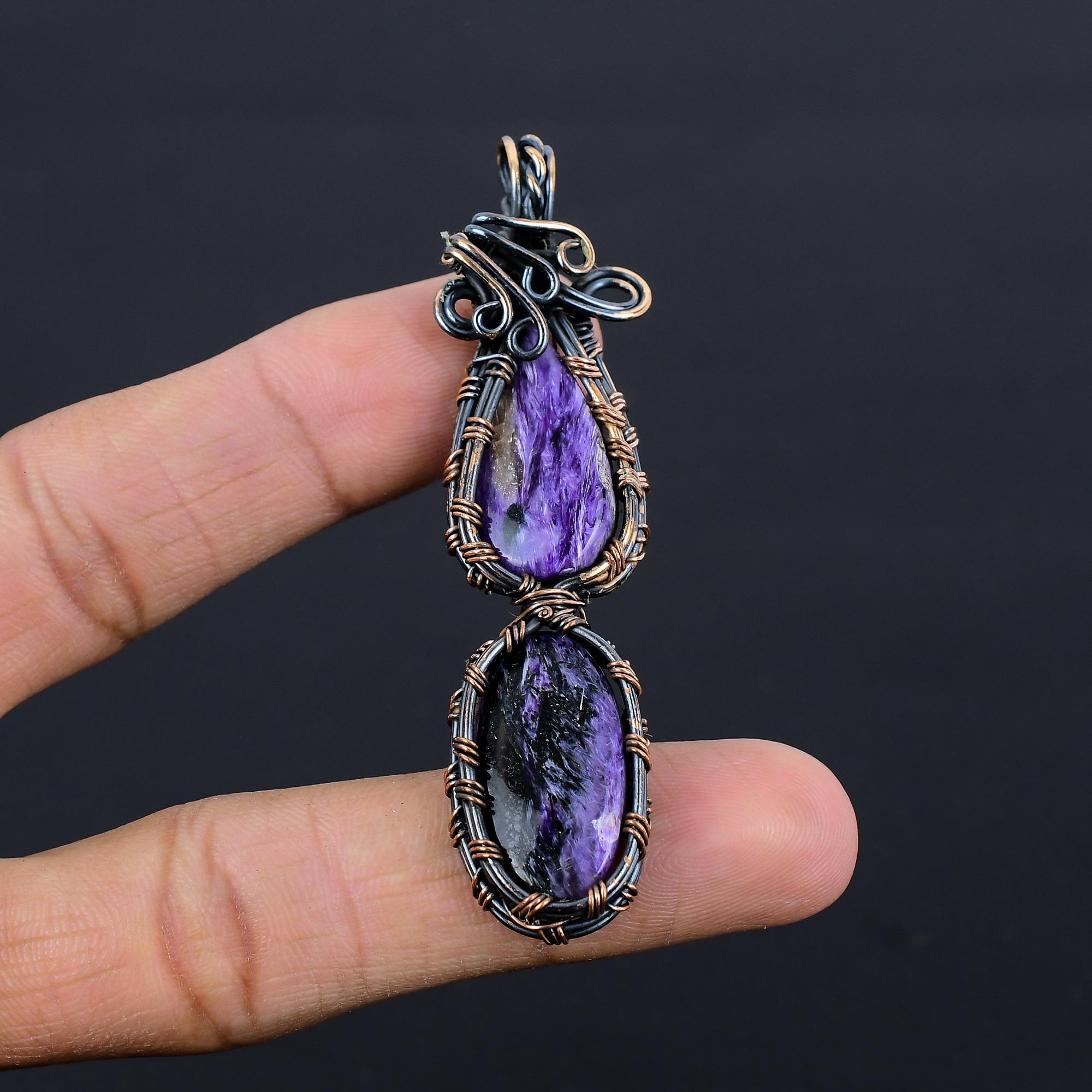 

Русский кулон из чароита, украшения, обернутые медной проволокой 999 пробы, кулон с драгоценным камнем, подарок для нее, изящные украшения ручной работы 2.55 Inches