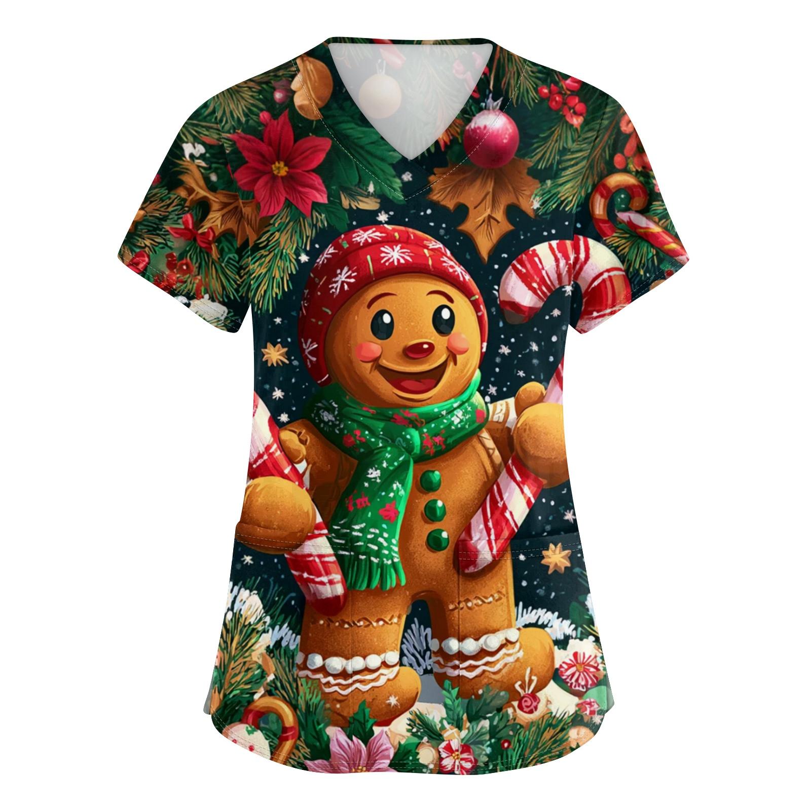 

Женский топ защитного костюма с V-образным вырезом, рождественским принтом, короткими рукавами, карманом и боковым разрезом XXL бронзовый