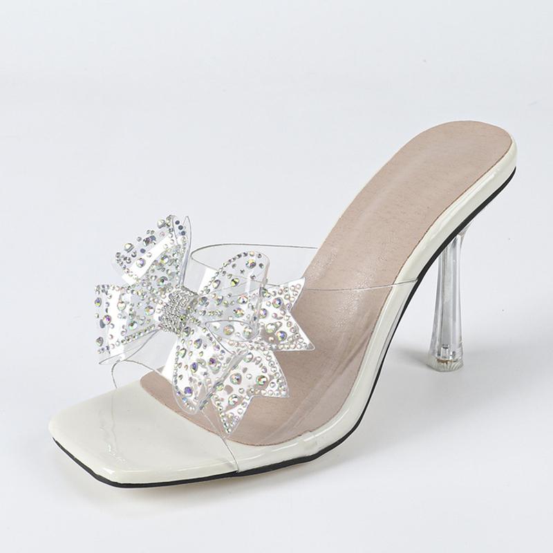 PVC Transparent Slippers For Woman Crystal Rhinestone Bowknot High Heels Clear Sandals Fashion Square Toe Party Prom Shoes