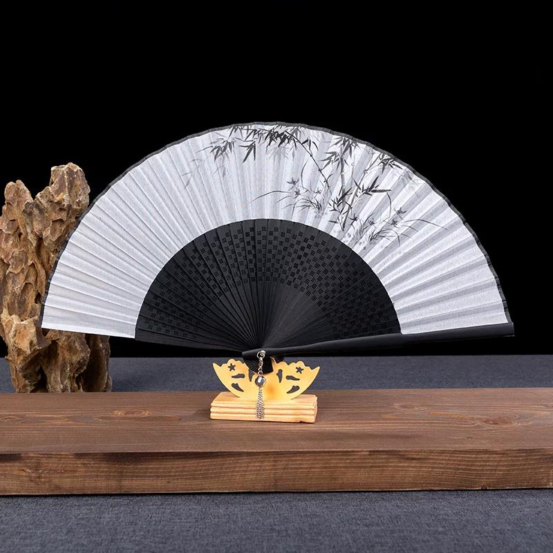 Chinese-Style Folding Fan for Women, Traditional Ink Painting Silk Fan, Daily Portable Hollow-Carved Bamboo Fan