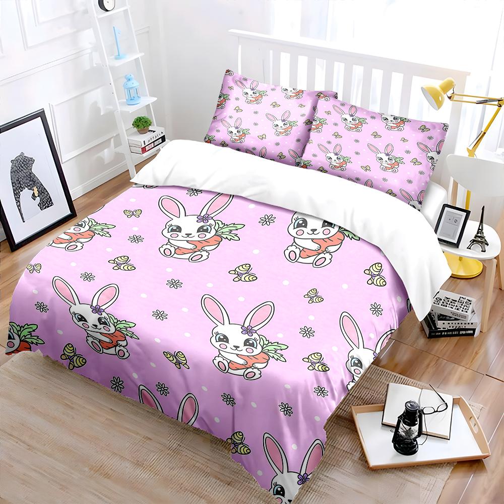 Cute Bunny Hugging A Carrot On A Pink Background Print Bedding Set 1Duvet Cover 2 Pillowcases For Adult And Children Luxury Gift