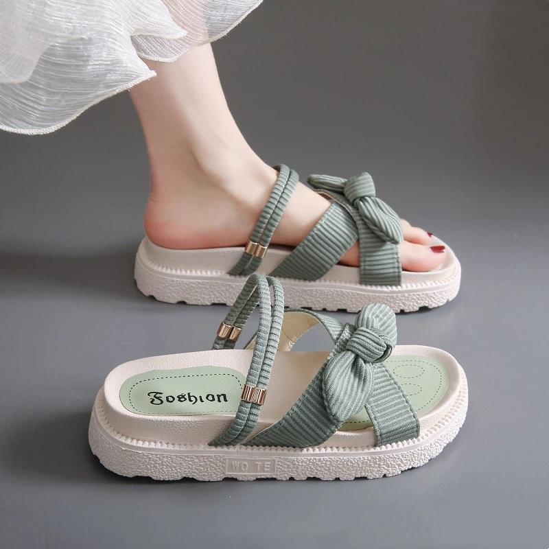 Women's 2-in-1 Platform Bow Sandals Summer Casual Sloping Back Flat Shoes Lightweight Beach Shoes