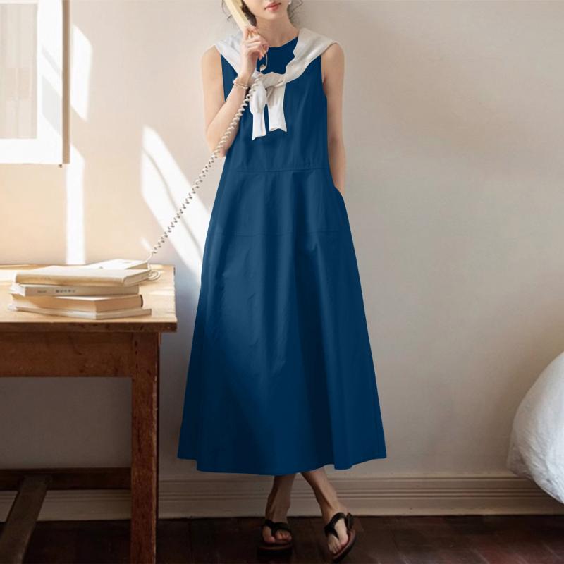 

ZANZEA Women Summer Casual Round Neck Loose Sleeveless Long Dress S синій