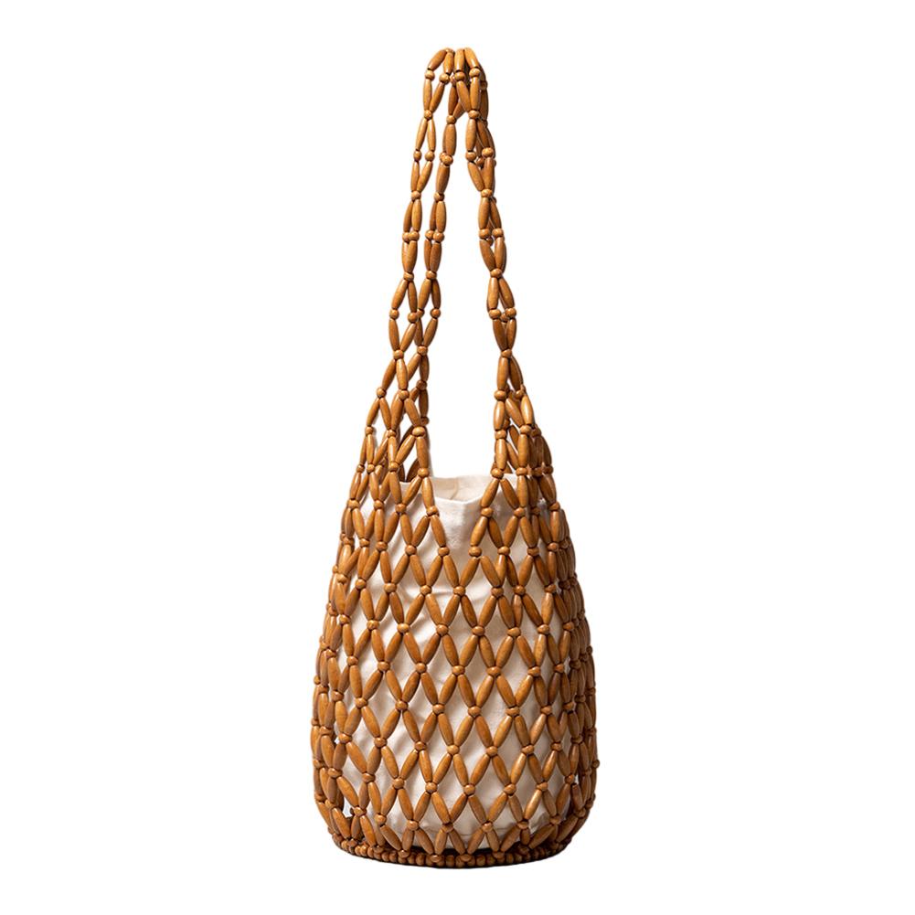 Wooden Bead Woven Hand Bag for Holiday Travels Date Handmade Beaded Shoulder Bag Casual Beach Handbag for Women
