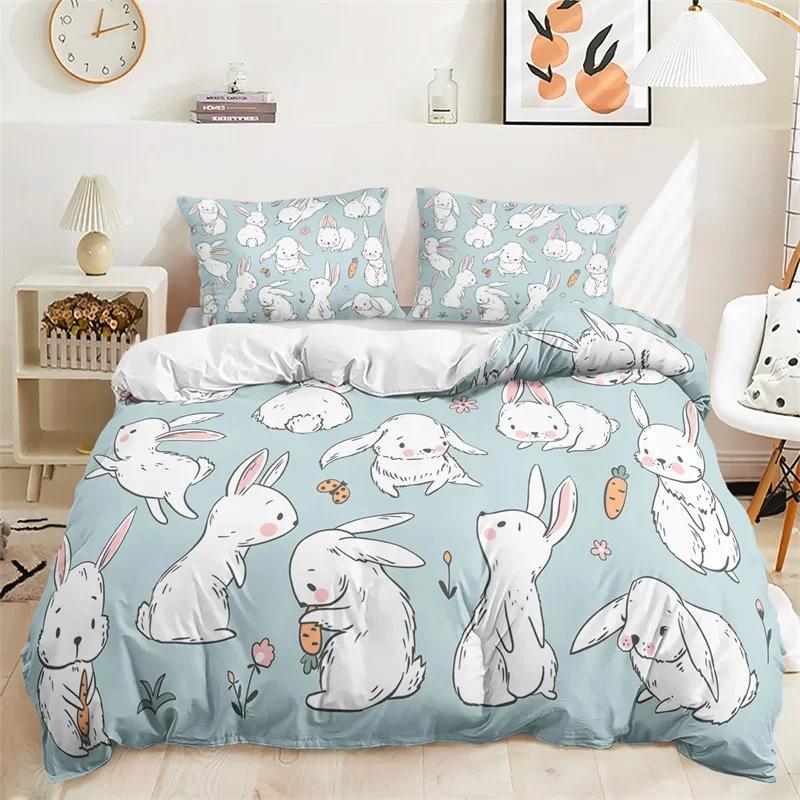 Cartoon Rabbit Duvet Cover Easter Bedding Set Animals Pattern Festival Celebrate Comforter Cover Set Twin For Girl Nursery Child