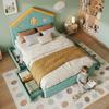 Cama Infantil 140x200 cm Cama Casa Cama Estofada em Azul-Verde, com 4 Gavetas, Cama com Armazenamento, Cama Juvenil em Veludo Francês, Cabeceira Casa