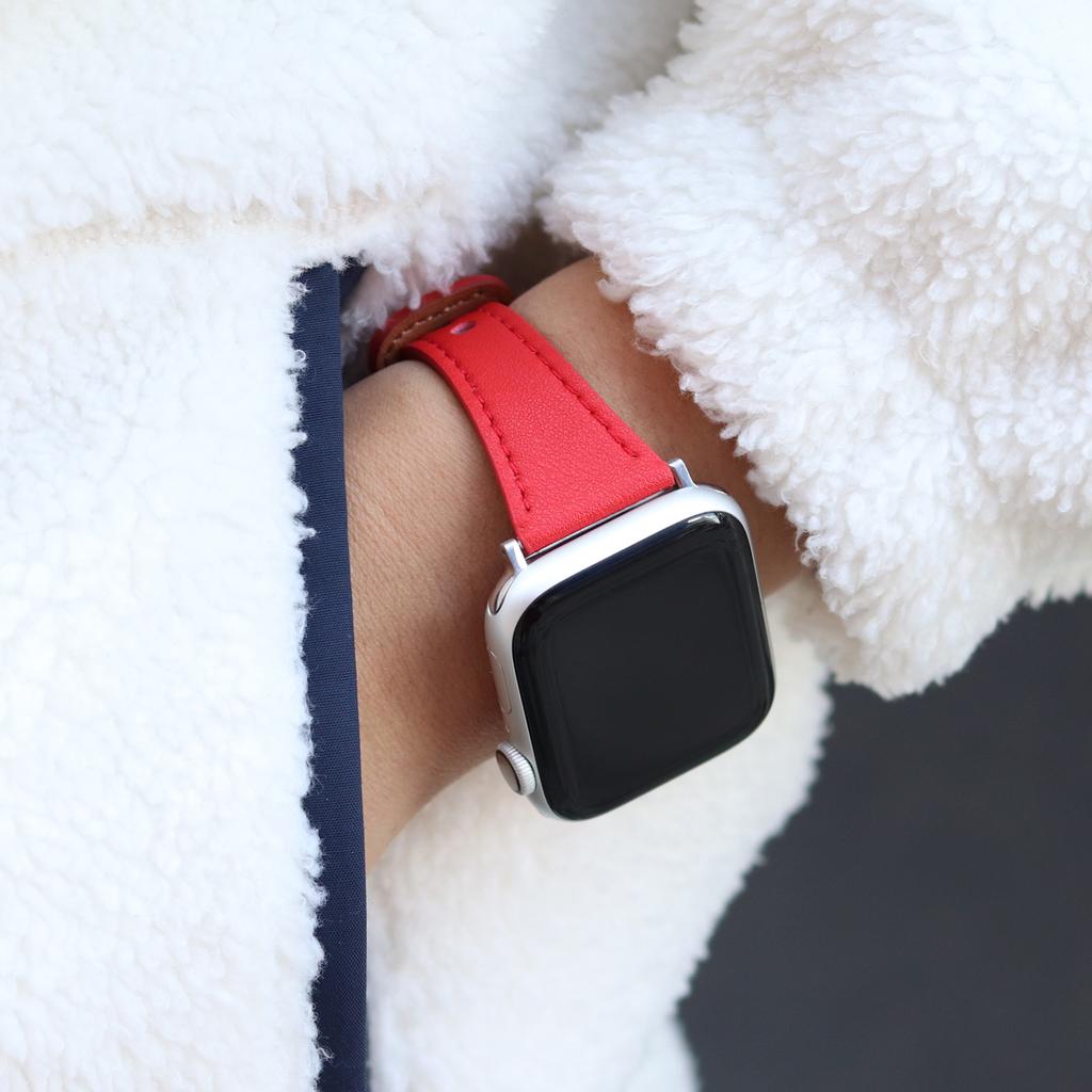 Egadeun Apple Watch Slim Leather Strap (Red) Compatible With All Se Models