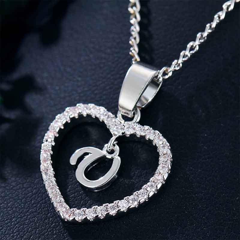 Heart Letters 26 Love Crystal Women Silver Plated Chain Jewelry Necklace