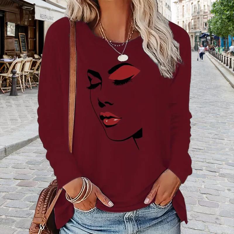 Topper for kvinner Sexy trykk av ansiktstrekk Rund hals Langermet T-skjorte Høst Casual Slim Pullover Dame Langermet Topp
