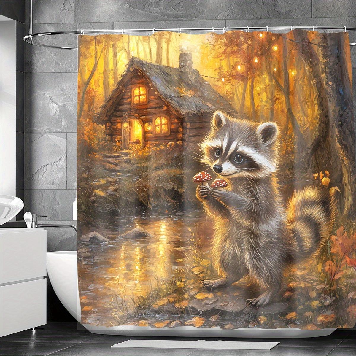 

Open 1 Piece Of Dark Orange Forest Raccoon Theme Digital Printed Shower Curtain, The Shower Curtain Is Made Of Polyester Fabric W60H190(CM)-1 Pcs