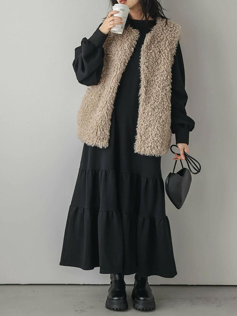 Autumn Women's Loose Mid-Length Patchwork Ruffled Hem Sweatshirt Dress Long Sleeve Knee-Length Dress