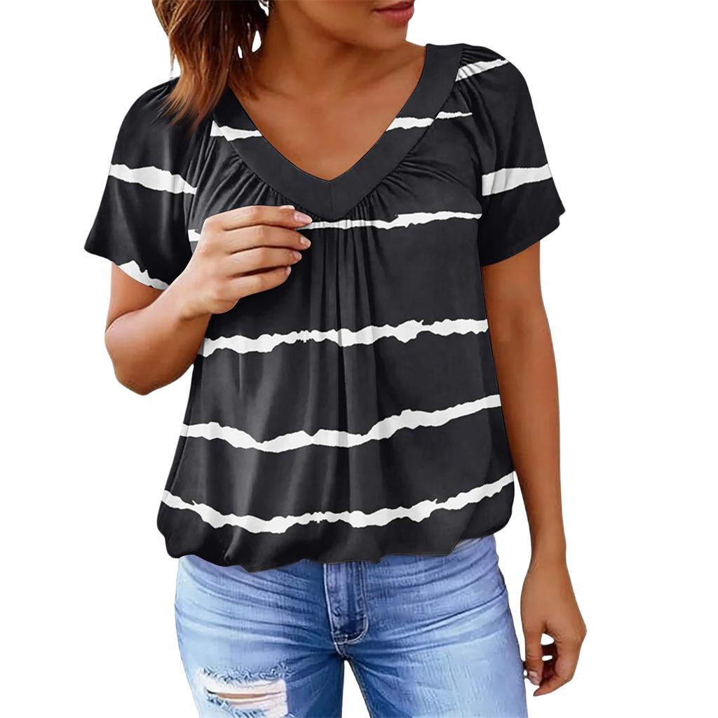 Women's Casual V Neck Short Sleeve Top Geometric Print Pleated Design Lightweight Soft Fabric Blouse for Everyday Wear
