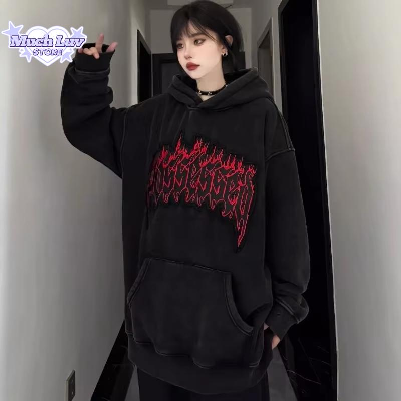 Retro Flammen Buchstaben Bedrucktes Kapuzensweatshirt Herbst- und Wintermode Lässig Bequem Dicke Pullover Oberteil Vintage Y2k Streetwear