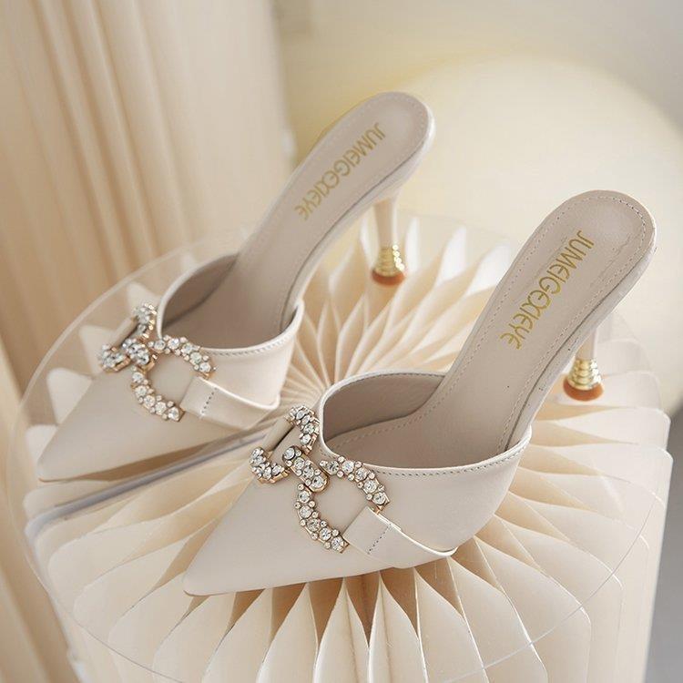 

Cool Slippers Women S Small Size Fashion Rhinestone High Heels Thin Versatile Pointed French Muller Half Slippers Women S Bag Head 33