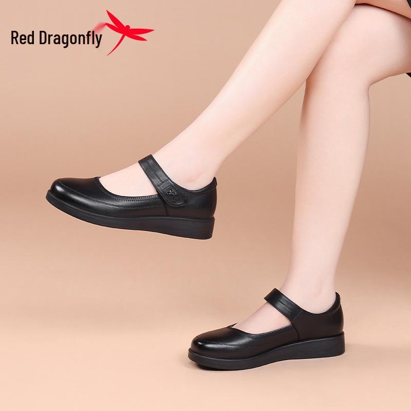 Red Dragonfly Women's Genuine Leather Mary Jane Shoes - Breathable, Soft Sole, Summer Flats for Middle-Aged & Elderly