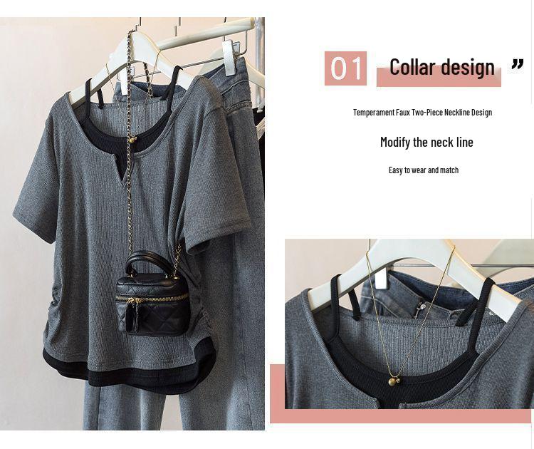 Women's Plus Size Patchwork Faux Two-Piece Short Sleeve T-Shirt - Loose, Slimming, Versatile Summer Style