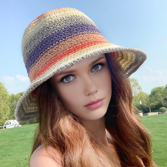 Straw Hat Rainbow Design Foldable Lightweight Breathable Sun Protection Hat Outdoor Activities Beach Travel Casual Wear