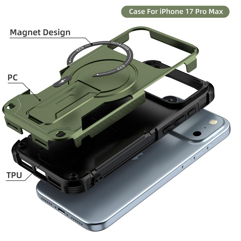 For iPhone 17 Pro Max,17 Air Case Drop-proof Magnetic Dual Layer Armor PC+TPU Ring Back Kickstand Cover for iPhone17