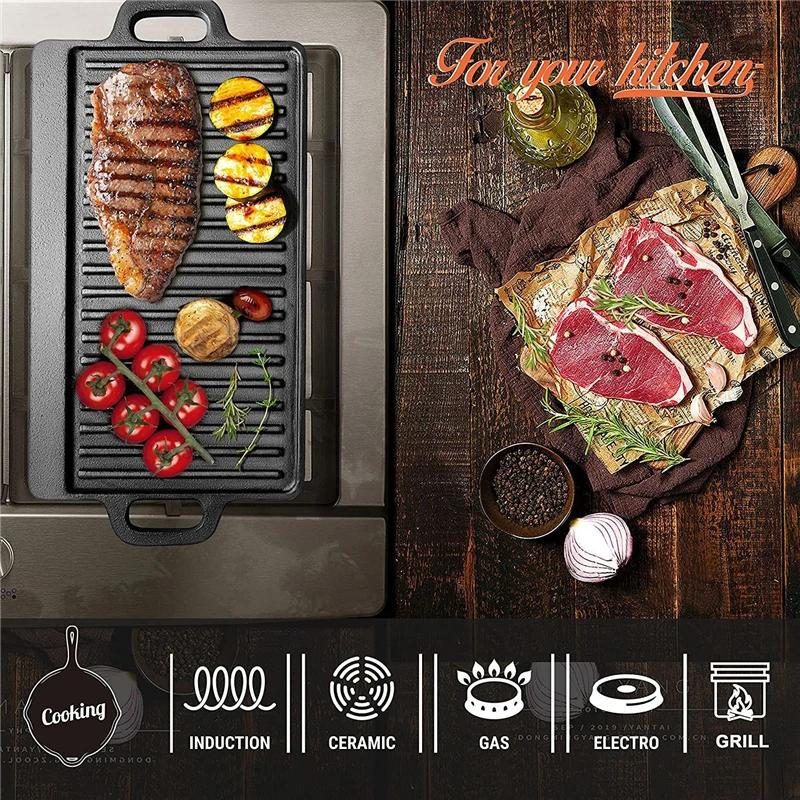 Barbecue Tray Cast Iron Baking Tray Outdoor Rectangular Barbecue Pan Steak Barbecue Plate Double Sided Baking Tray Iron Plate