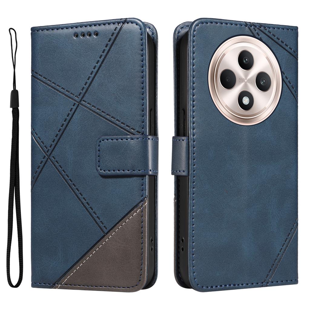 For Oppo Reno12 F 4G Case Leather Geometric Line Phone Cover Card Holder Wrist Strap