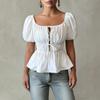 French Retro Generous Collar Chest Hollow Lace-up Shirt Sexy Backless Vacation Bubble Sleeves Elegant Short Top