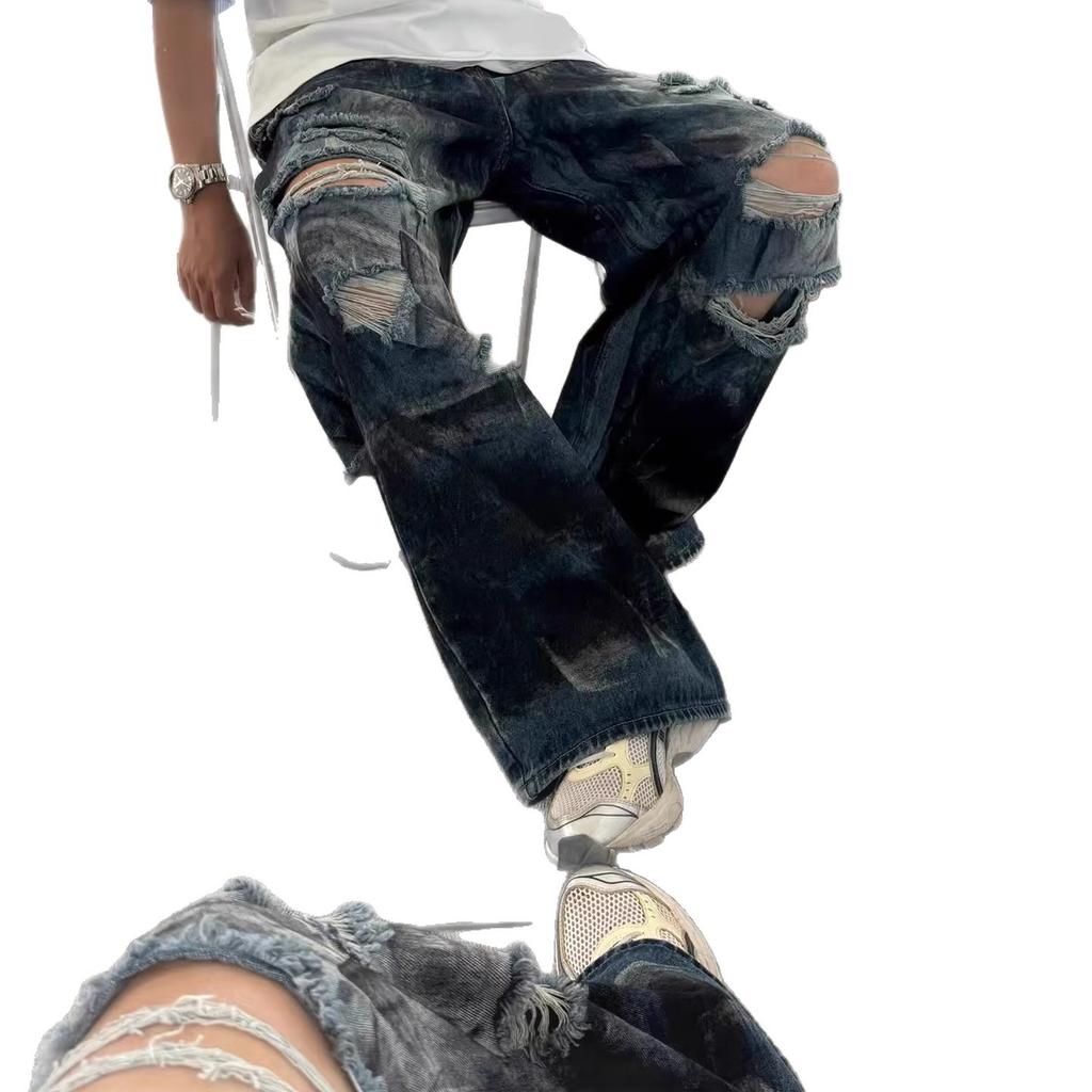 American high street inkjet ripped jeans men's and women's street trendy brand heavy industry washed fried street loose wide-leg straight-leg pants