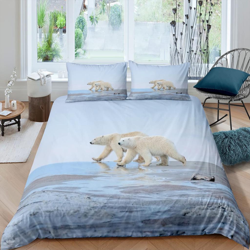 Polar Bear Duvet Cover King Queen 3D Lovely White Arctic Animal Bedding Set For Kids Teens Adult Wildlife Quilt Cover Pillowcase