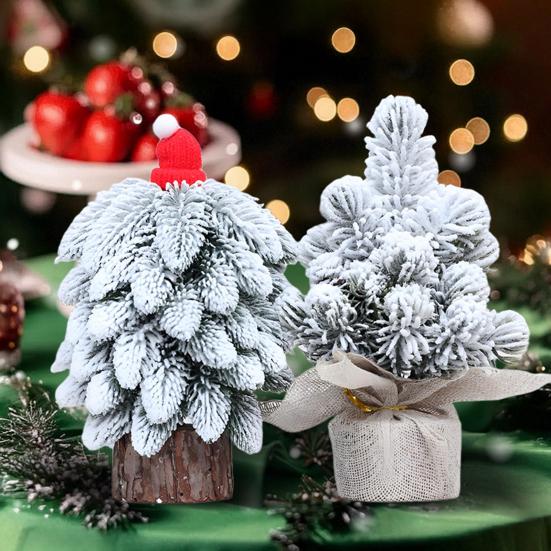 Mini Christmas Tree Small Tabletop Artificial Flocking Snow Christmas Tree with Wooden Stand for Dining Table Desk Home Holiday Decoration