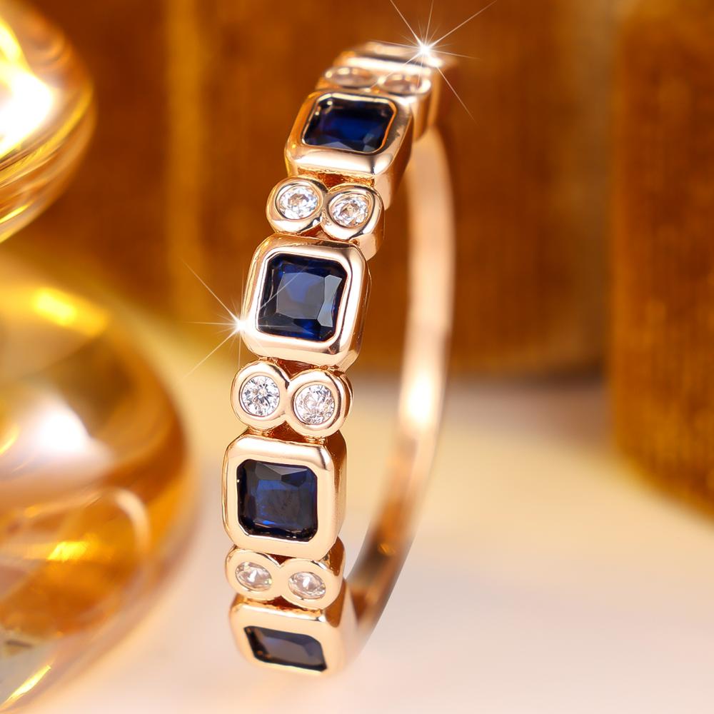 Luxurious Gold Color Blue Zircon Geometric Ring for Women Wedding Anniversary
