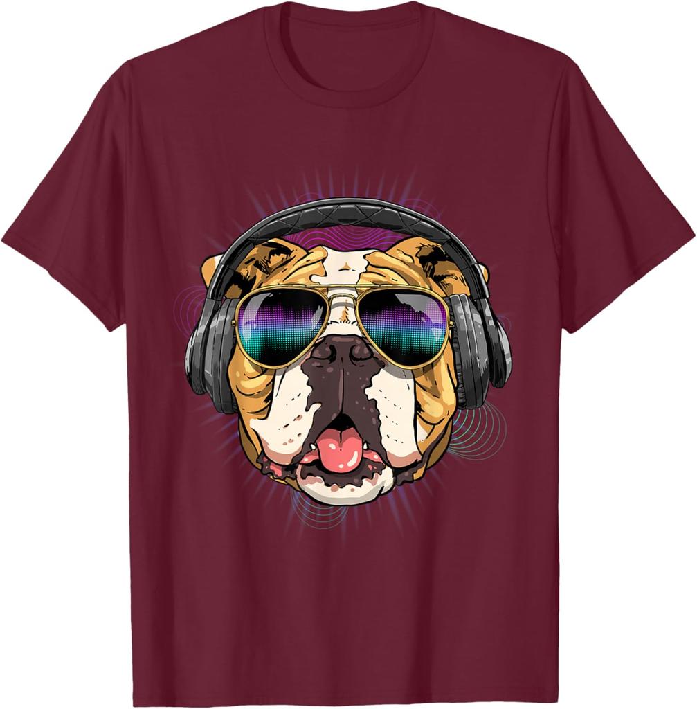 Music Bulldog DJ Headphones Graphic Tee Men Casual Cotton Short Sleeve T-Shirt