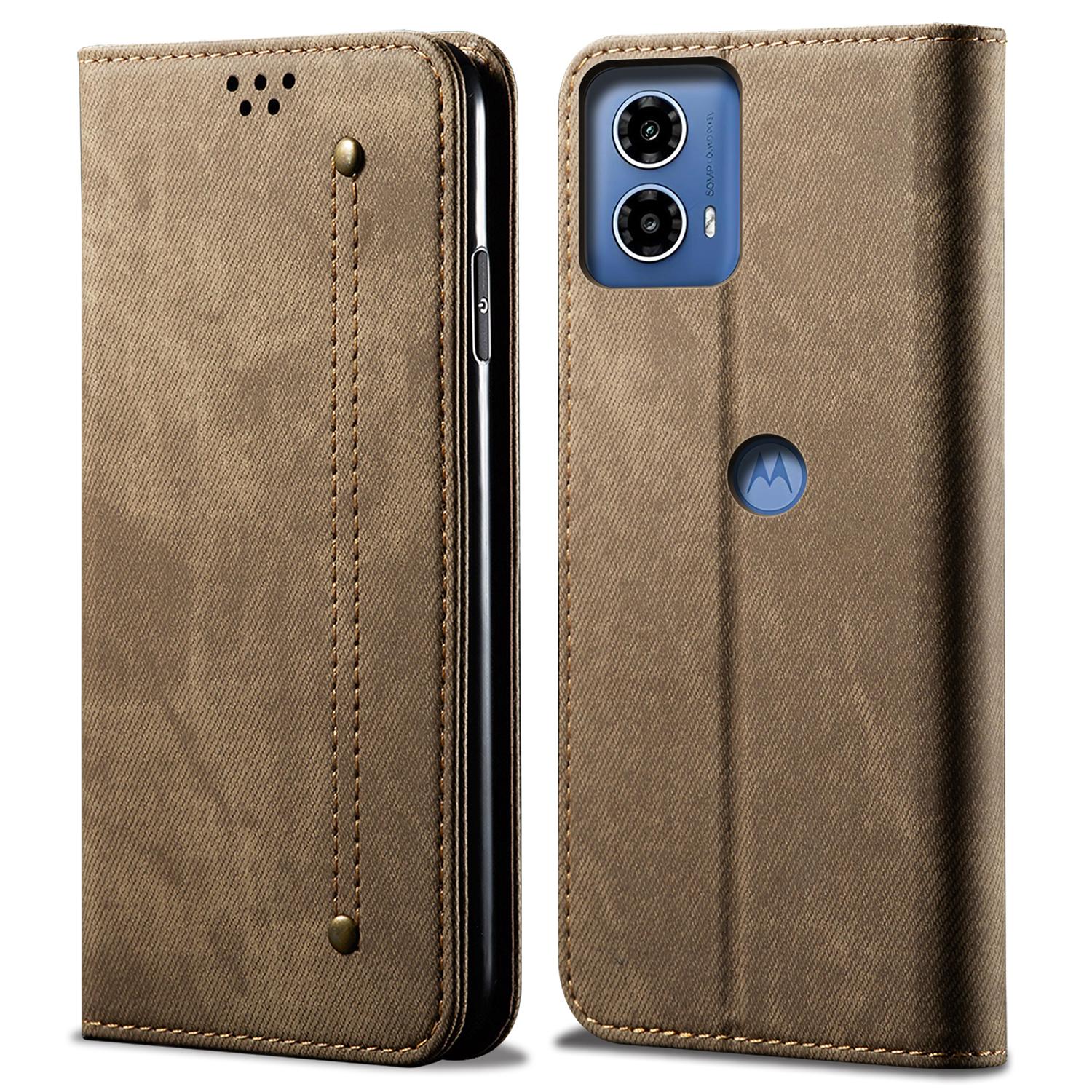 

For Motorola Moto E14 4G/G04 4G/G04s 4G/G24 4G Case Anti-Drop Leather+TPU Stand View Phone Cover Khaki