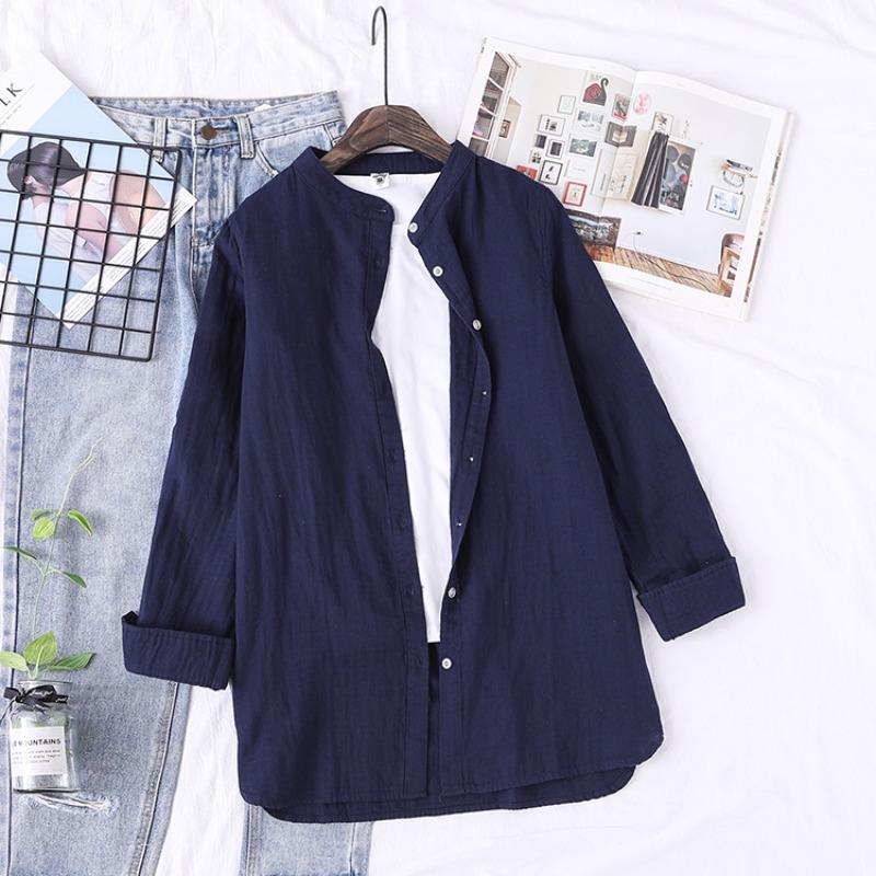 Camisa de Algodón Japonés de Primavera de Longitud Media para Mujer, Holgada e Informal