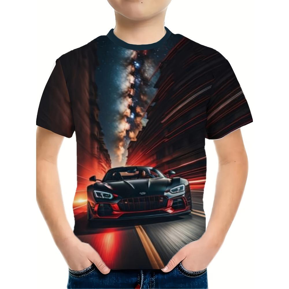 

Детская одежда. Красочные футболки с 3D-графикой гоночных автомобилей. Одежда с коротким рукавом для мальчиков. Футболки. Футболки с круглым вырезом для детей. 130