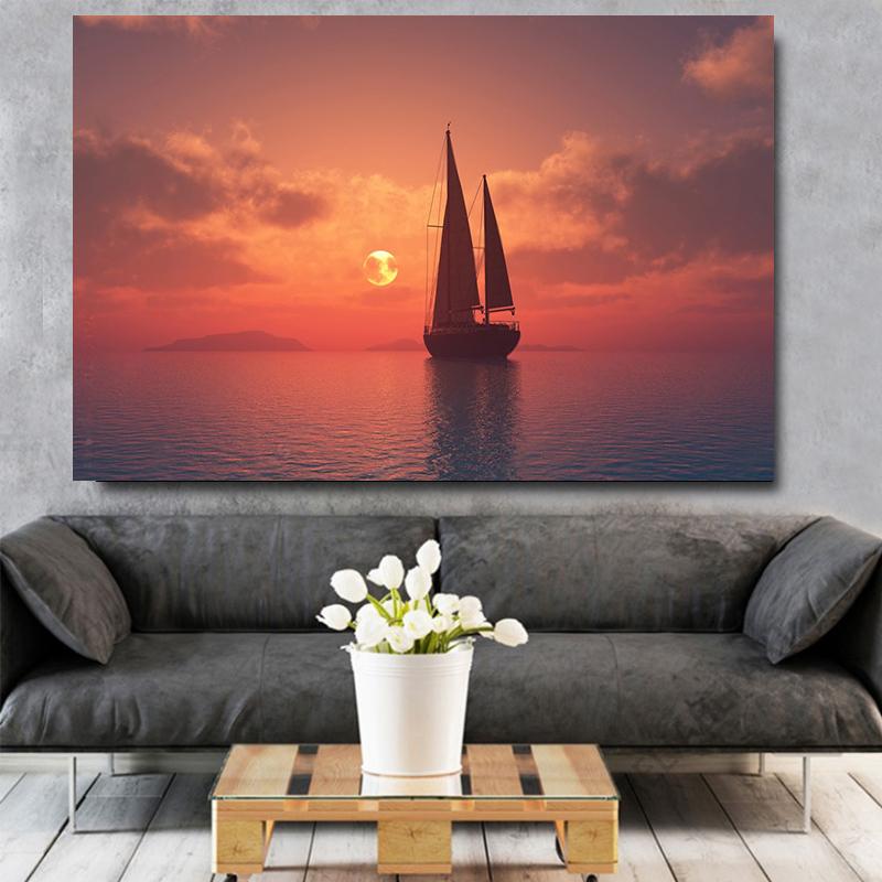 Sailing and Sunset HD Pictures Posters Prints Sailboat Surreal Ocean Birds Landscape Canvas Painting Wall Art Living Room Decor