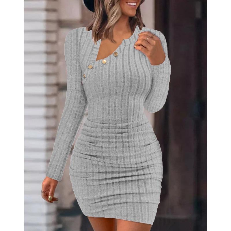 New women's clothing solid color off-shoulder diagonal collar tight hip-wrapped fashion slim-fitting sexy long-sleeved dress