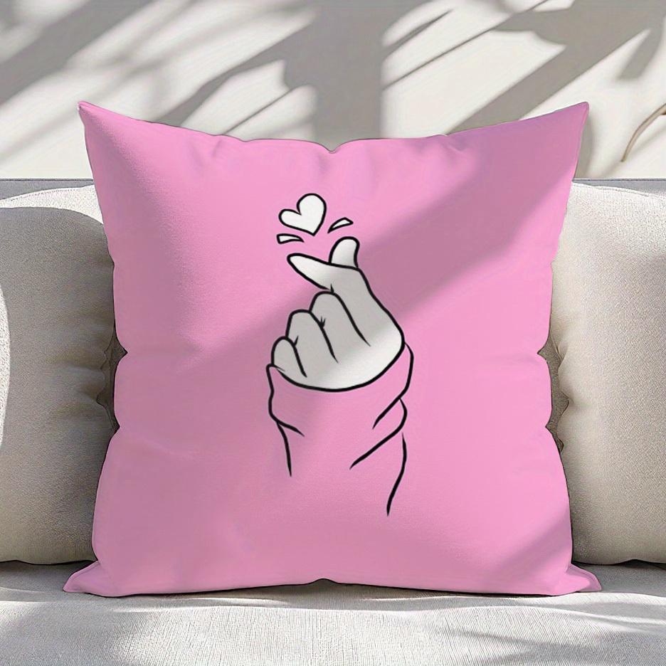 "Finger Heart" Pink Pillow Cover 2D Printed Polyester Sofa Cushion Case – Cute Love Gesture Decor For Home 40X40Cm